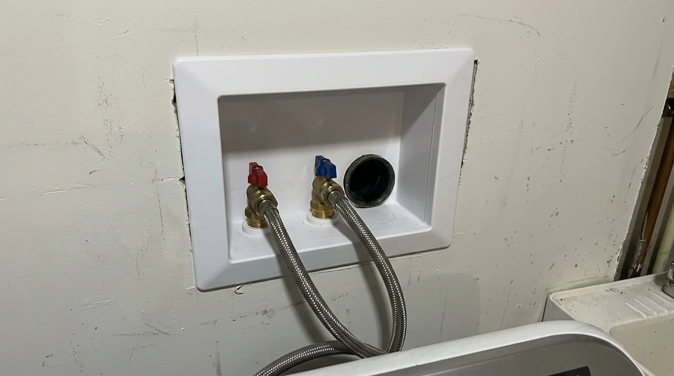 Washer box with shutoff valves in a Philadelphia basement laundry
