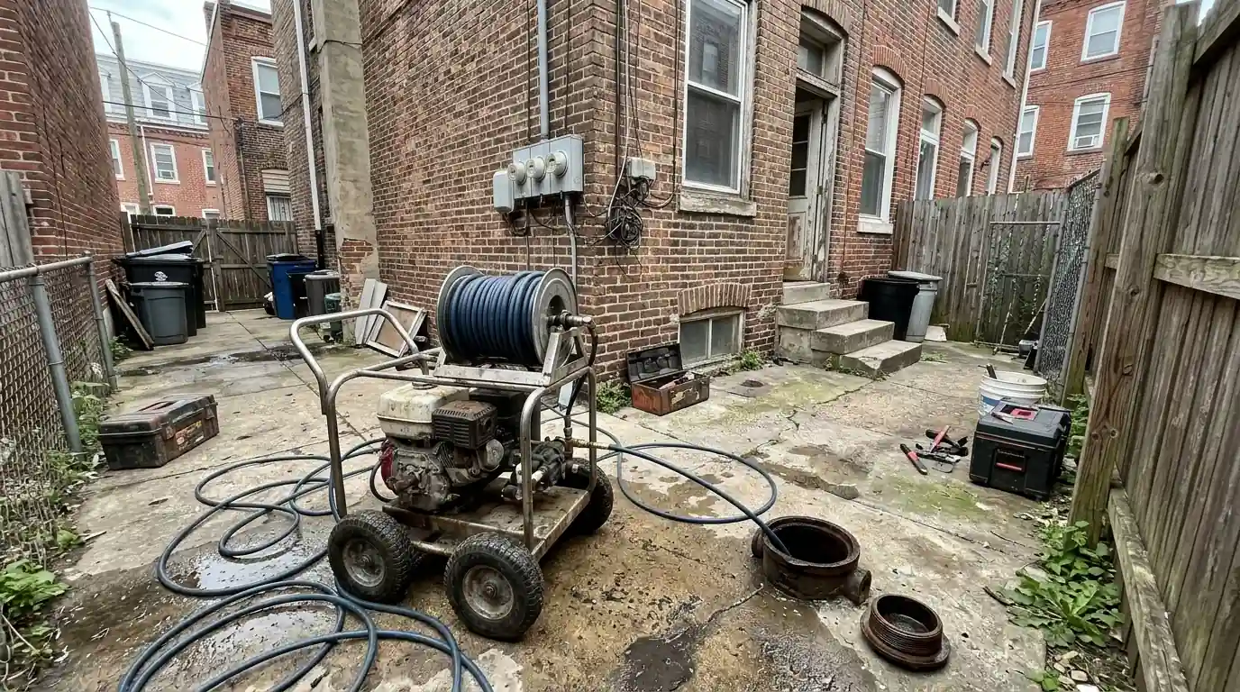Hydro jetting a sewer line at a Philadelphia rowhome