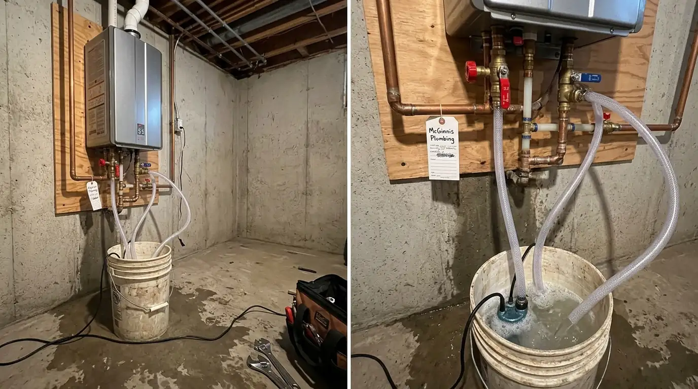Descaling a tankless water heater through its service valves