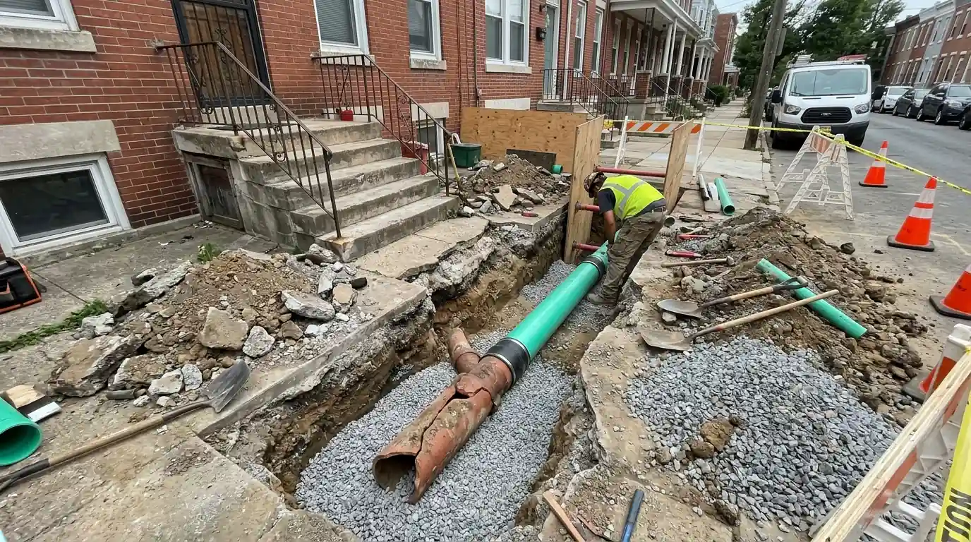 Sewer lateral repair trench at a Philadelphia rowhome