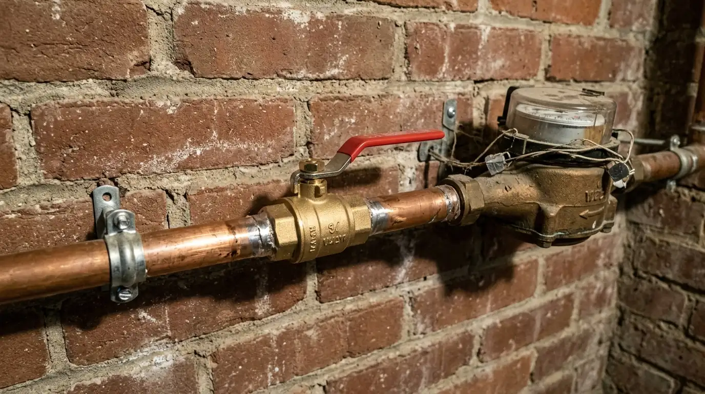 New quarter-turn main shutoff valve beside the water meter in a Philadelphia basement