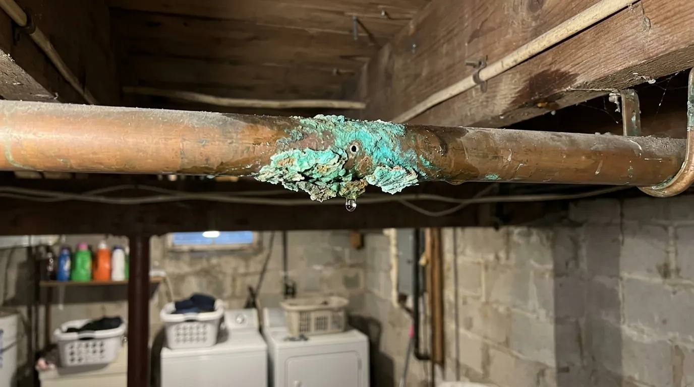 Pinhole leak on an old copper pipe in a Philadelphia basement