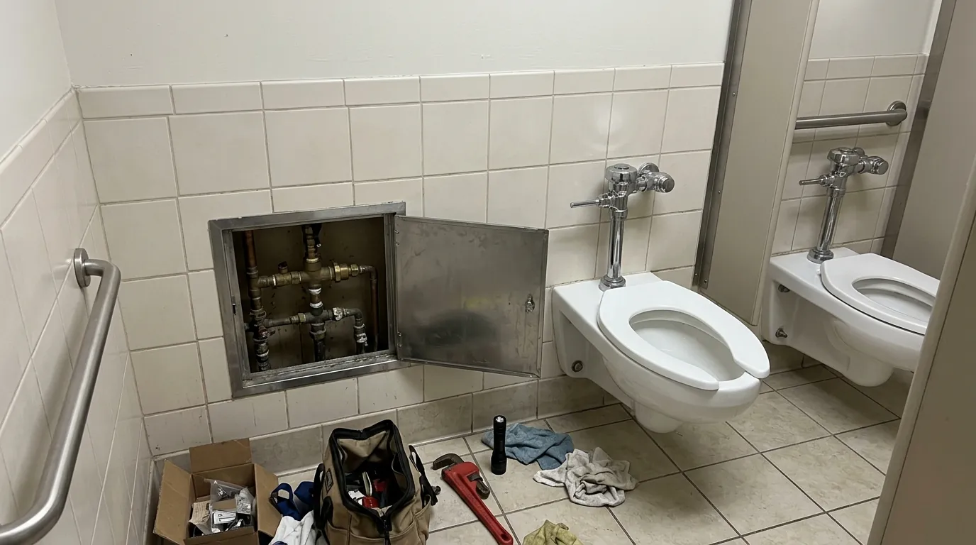 Commercial restroom flush valves being serviced in a Philadelphia storefront