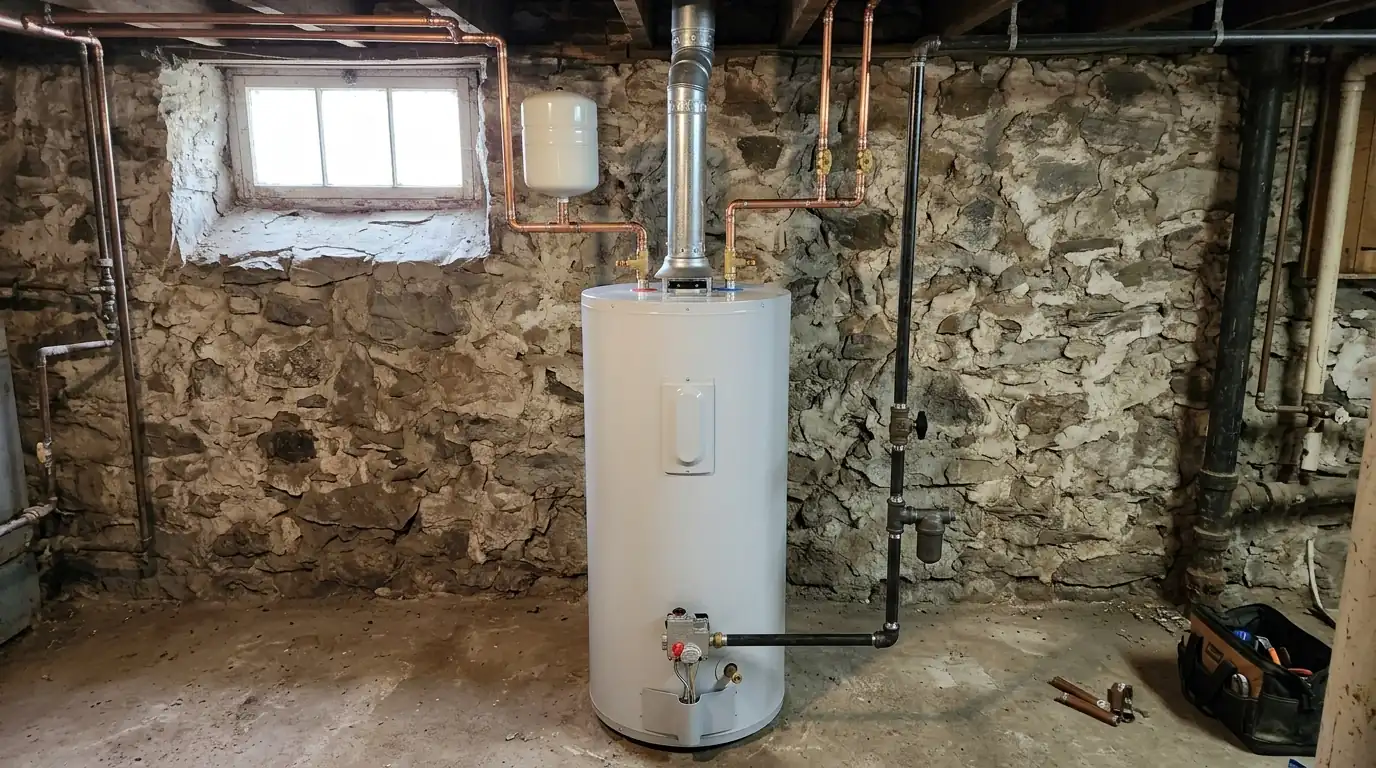 New gas water heater with expansion tank installed in a Philadelphia basement