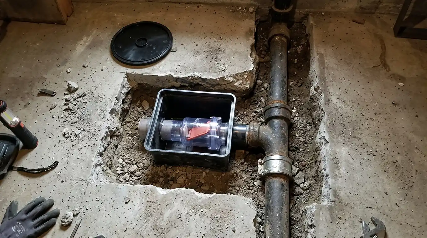 Backwater valve set into a Philadelphia basement drain line