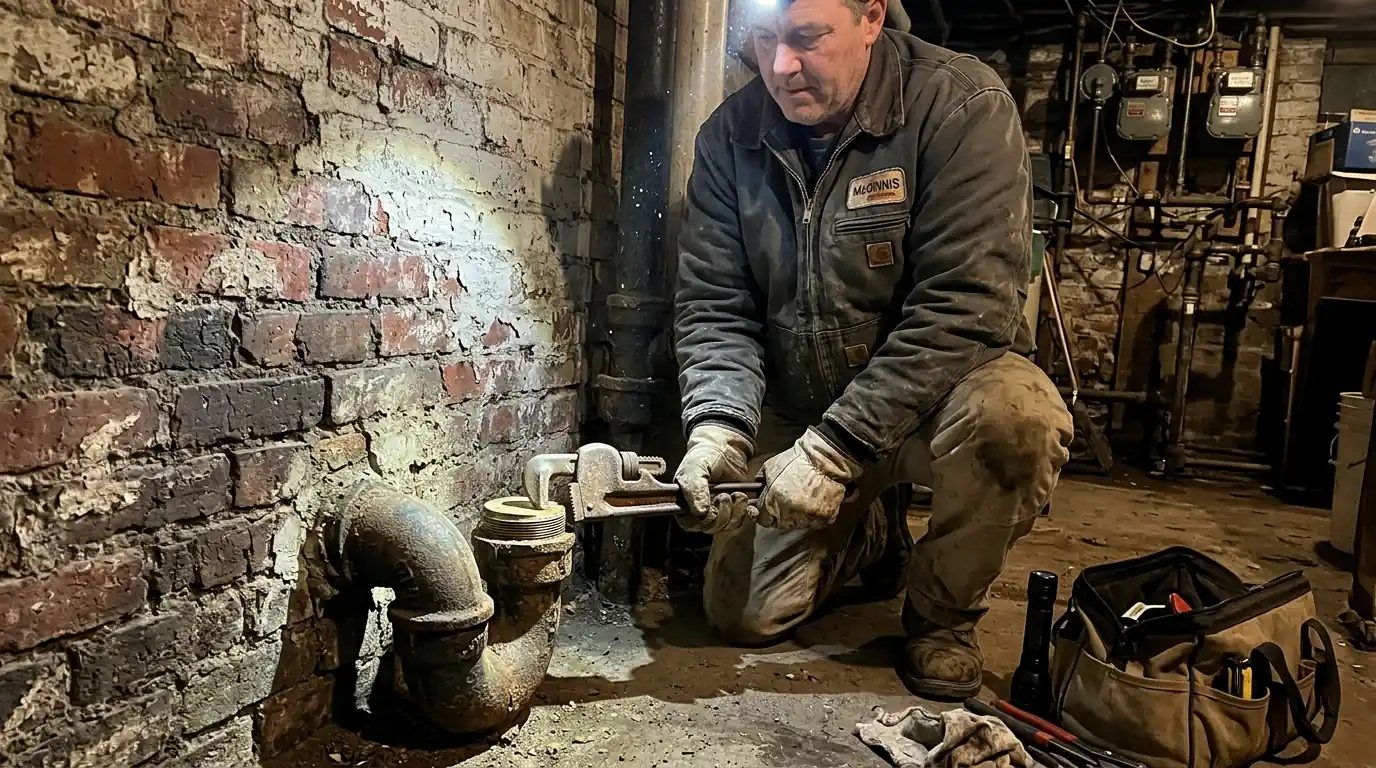 Plumber clearing a house trap in a Philadelphia rowhome basement