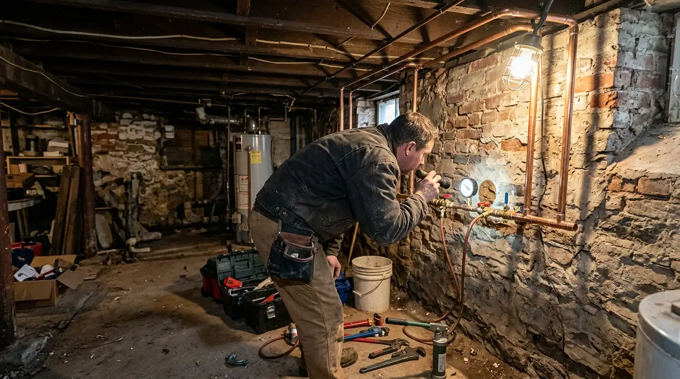 Plumber pressure testing new copper lines