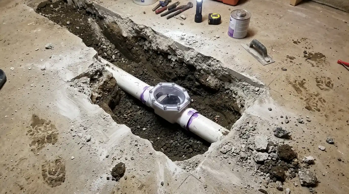 Backwater valve installed on a basement drain line in a Philadelphia home