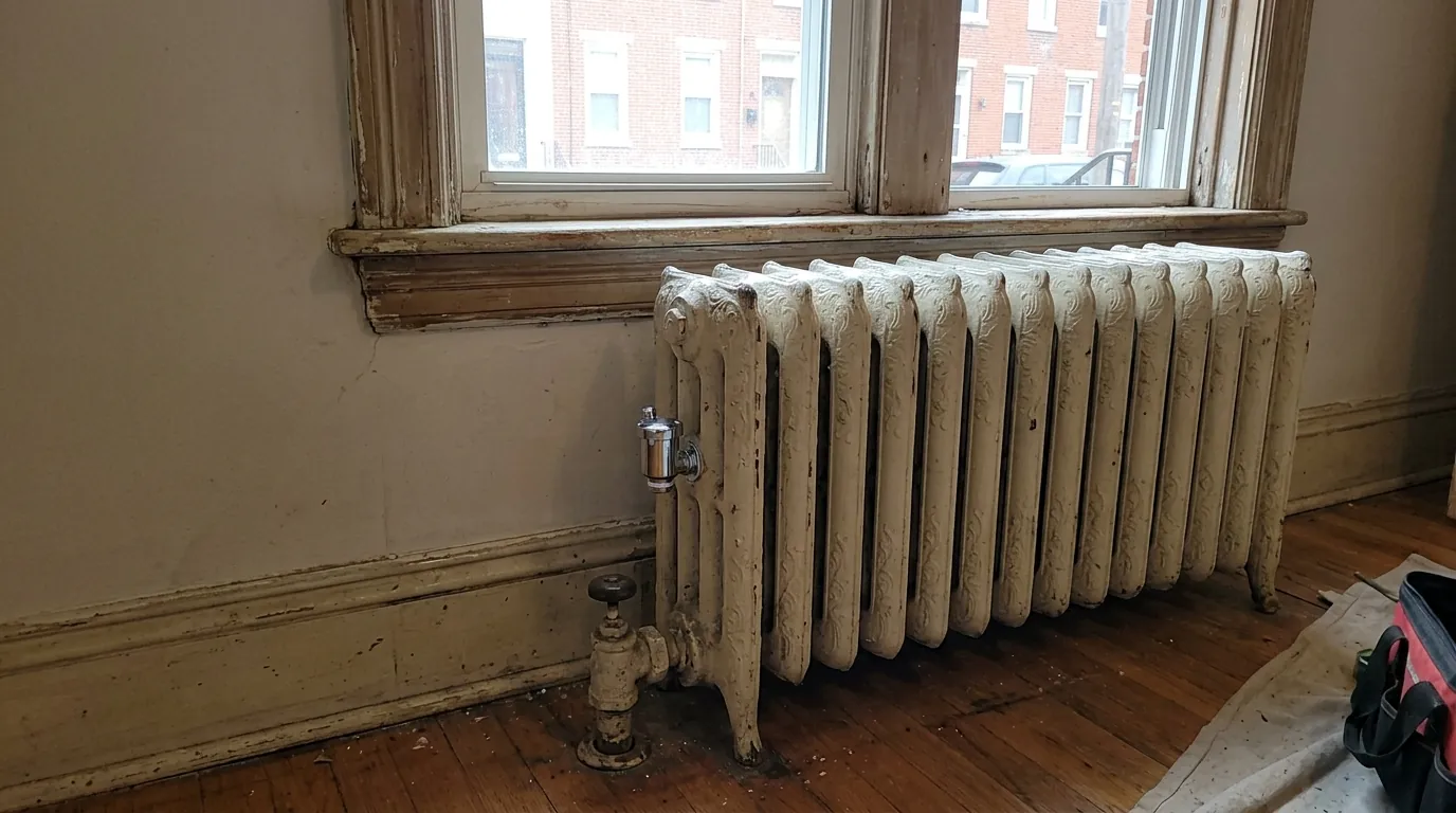 Steam radiator with a new air vent in a Philadelphia rowhome