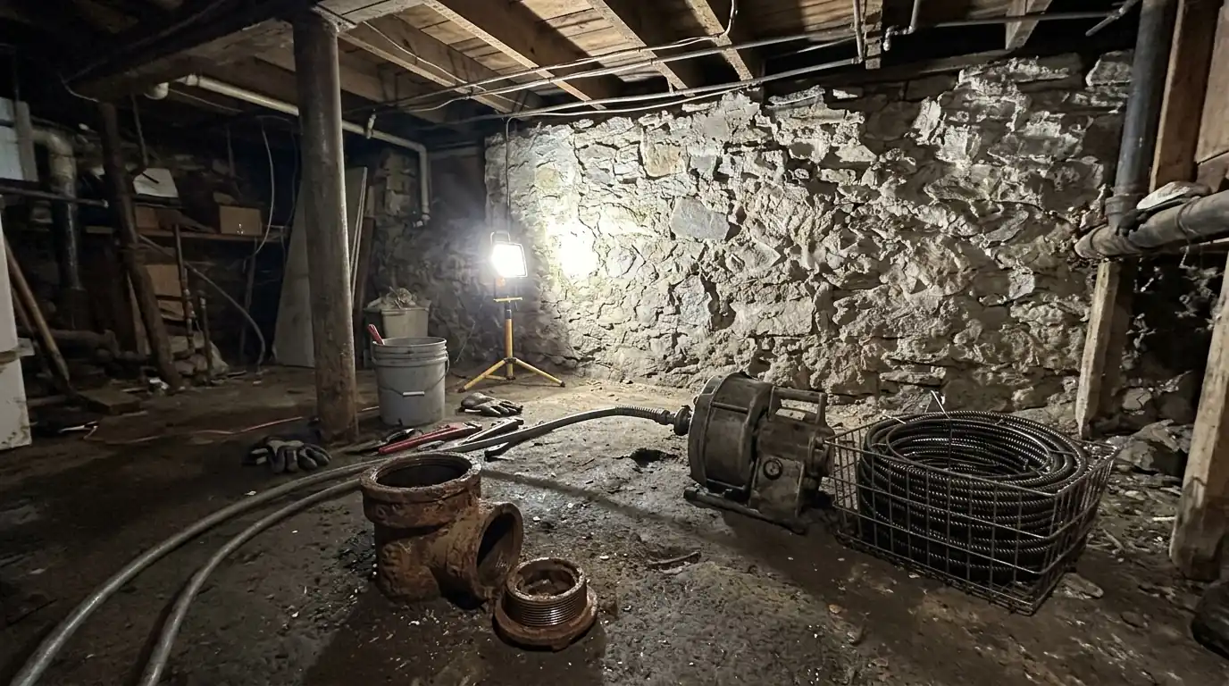 Sewer cable machine at a basement cleanout in a Philadelphia home