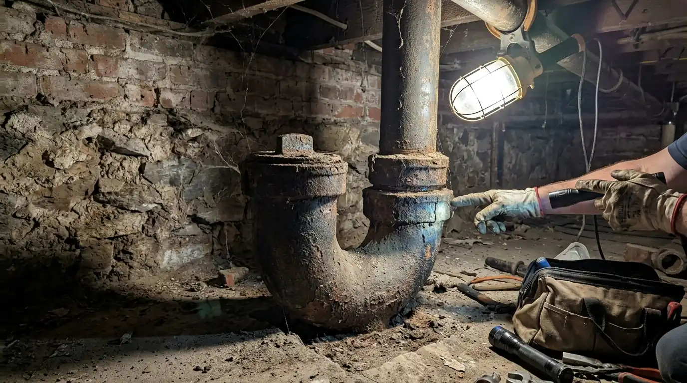 Plumbing inspection of a house trap and stack in a Philadelphia basement