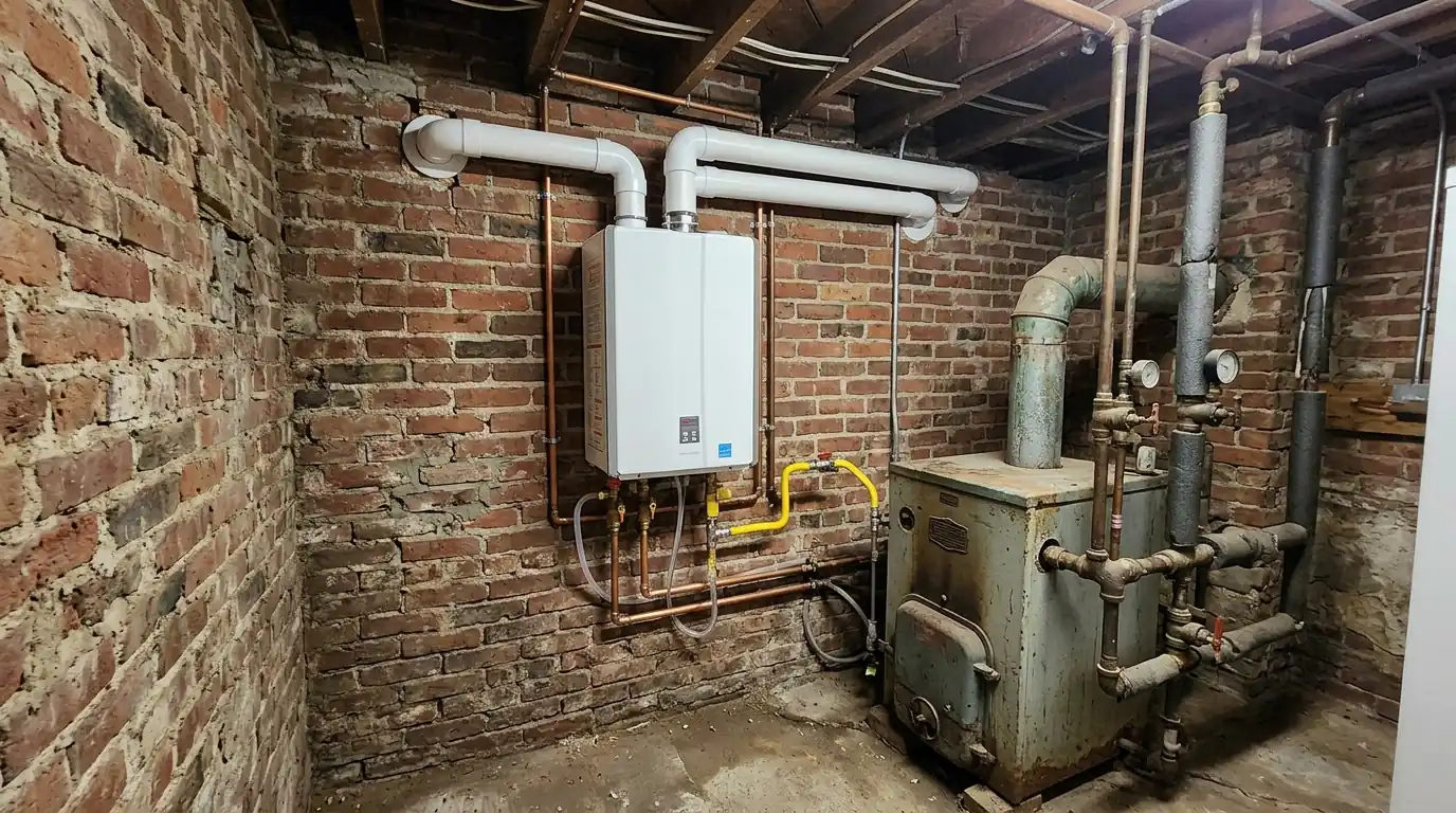 Tankless water heater venting through the rear wall of a rowhome basement