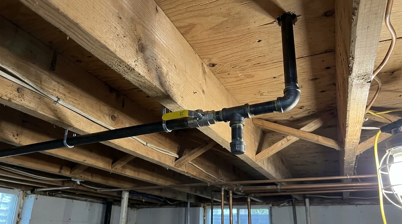 New gas line run along basement joists to a kitchen range