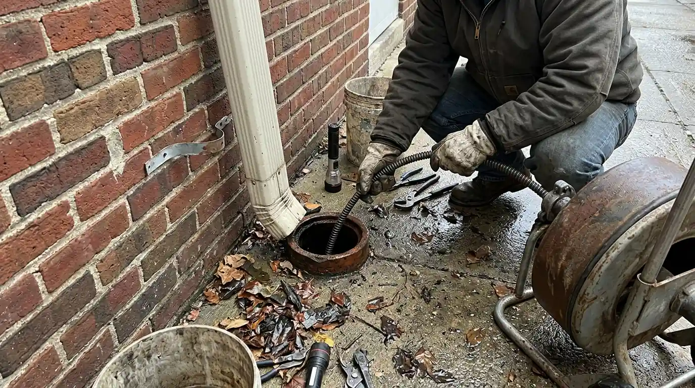 Clearing a downspout storm line at a Philadelphia home