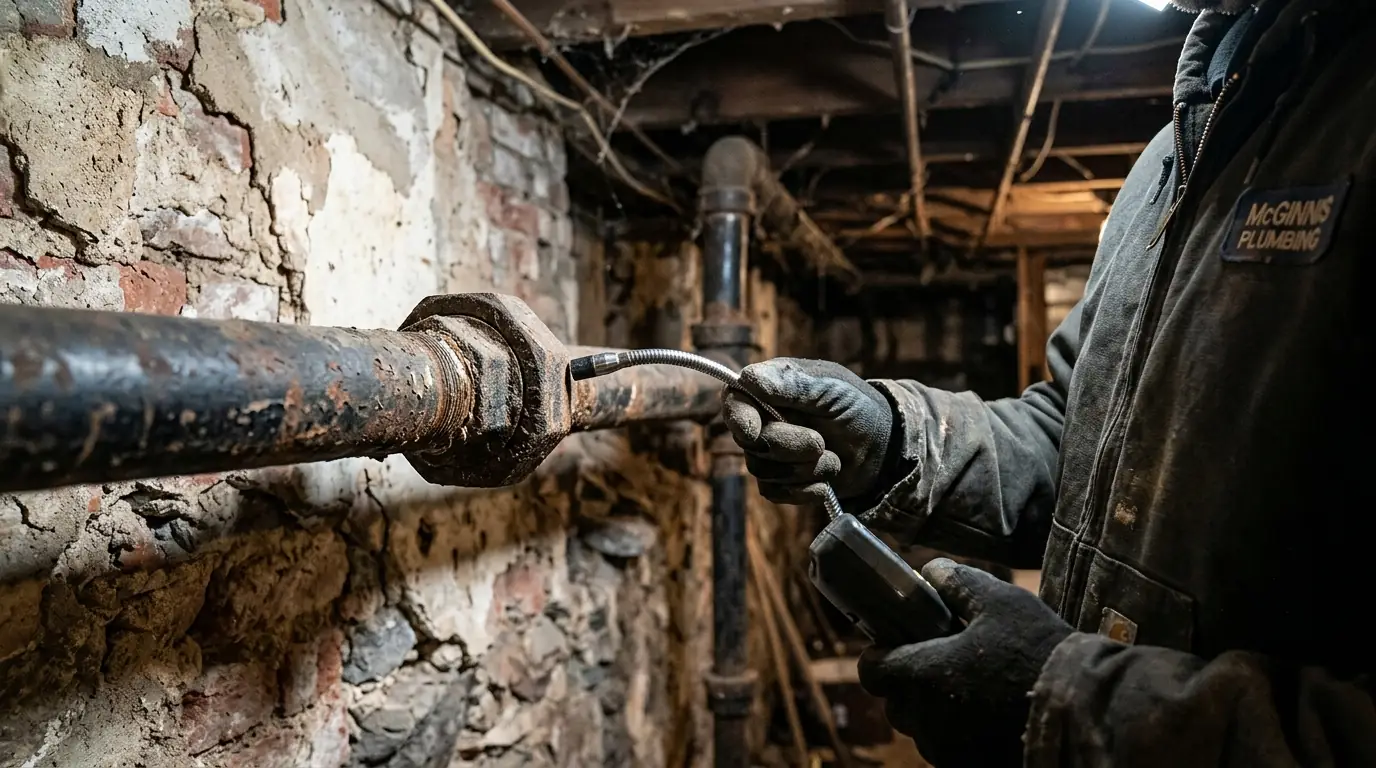 Testing an old gas pipe union for leaks in a basement