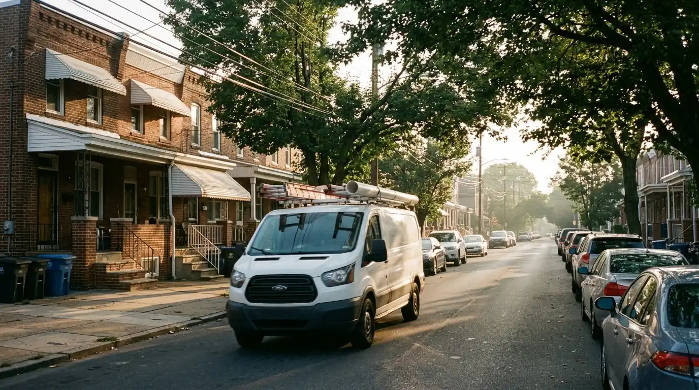 Plumbing van on a Northeast Philadelphia street