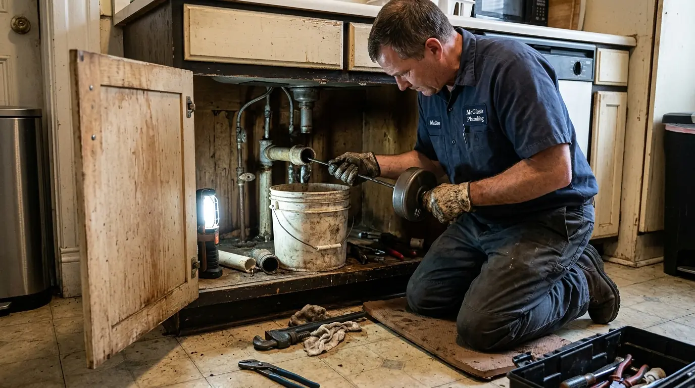 Plumber clearing a kitchen sink drain in a Philadelphia home