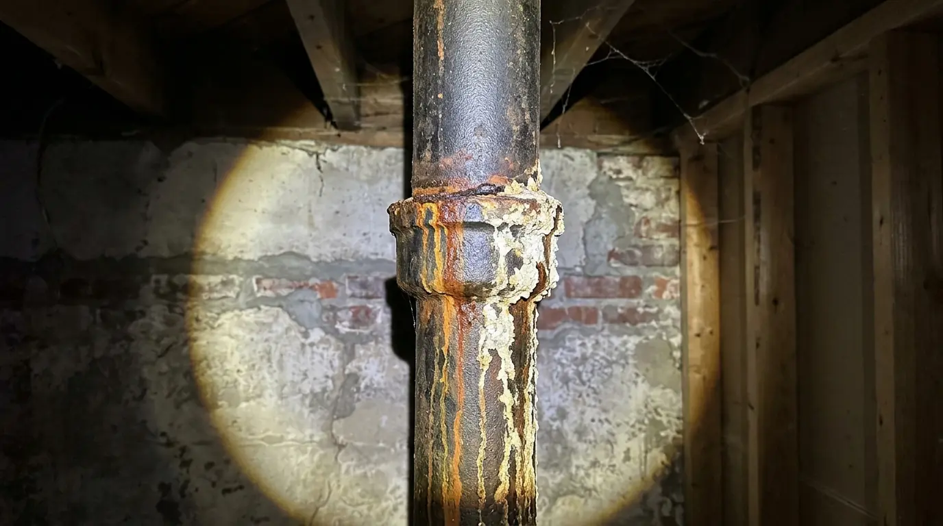 Rust streaks below a leaking hub joint on a cast iron drain stack