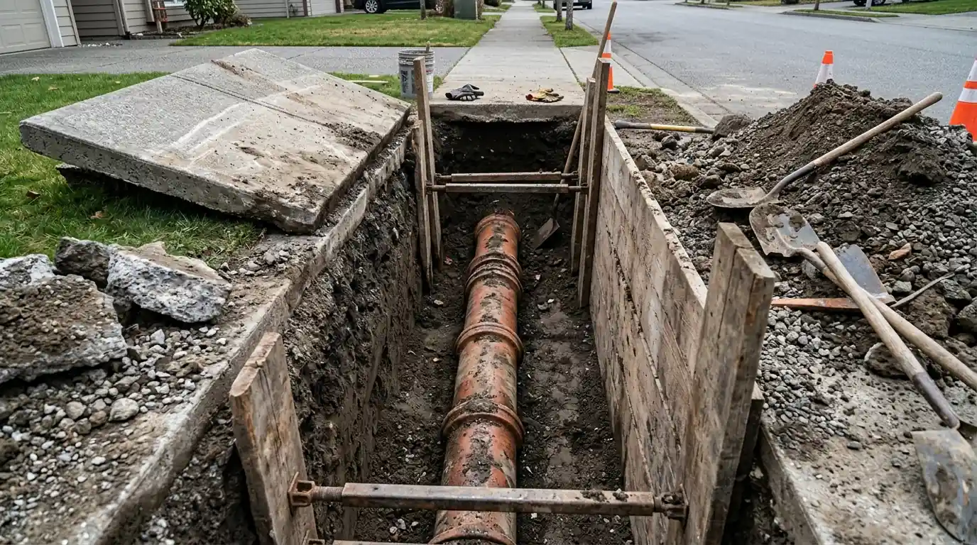 Excavated sewer lateral under a Philadelphia sidewalk