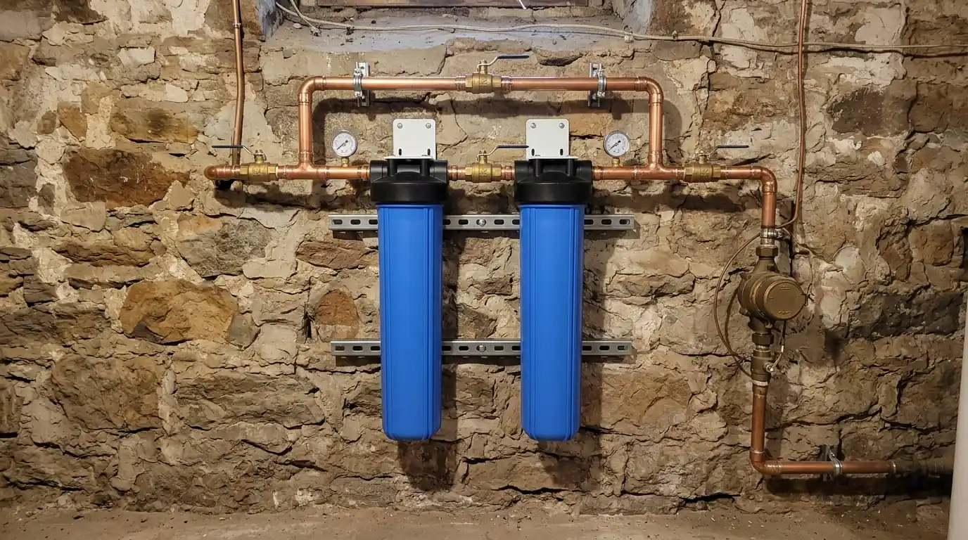 Whole-house water filter housings near the meter in a Philadelphia basement