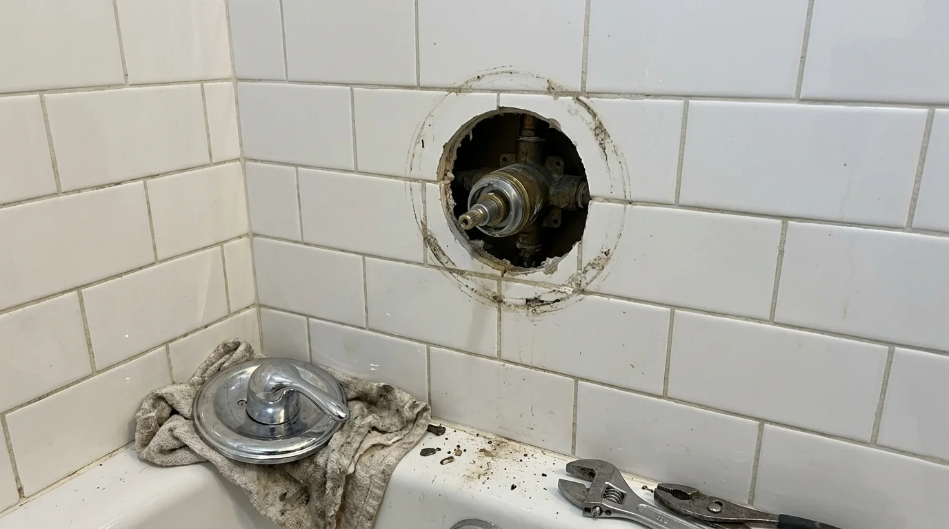 Shower valve opened for cartridge replacement in a Philadelphia bathroom