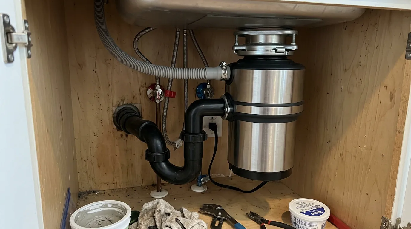 New garbage disposal installed under a Philadelphia kitchen sink