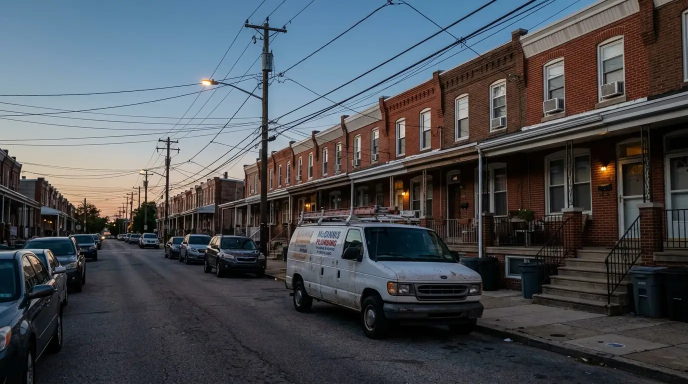 Brick rowhomes on a Northeast Philadelphia street with a plumbing van at the curb