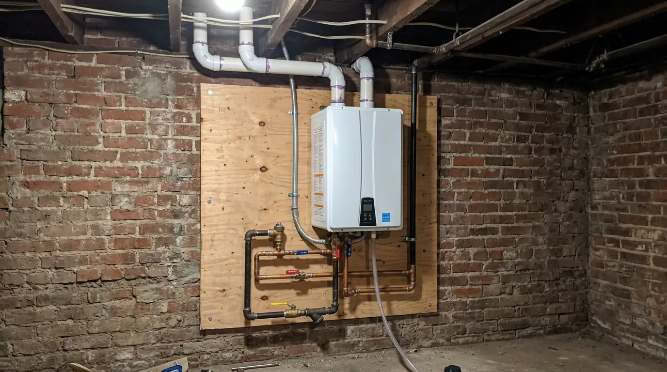Tankless water heater installed on a basement wall