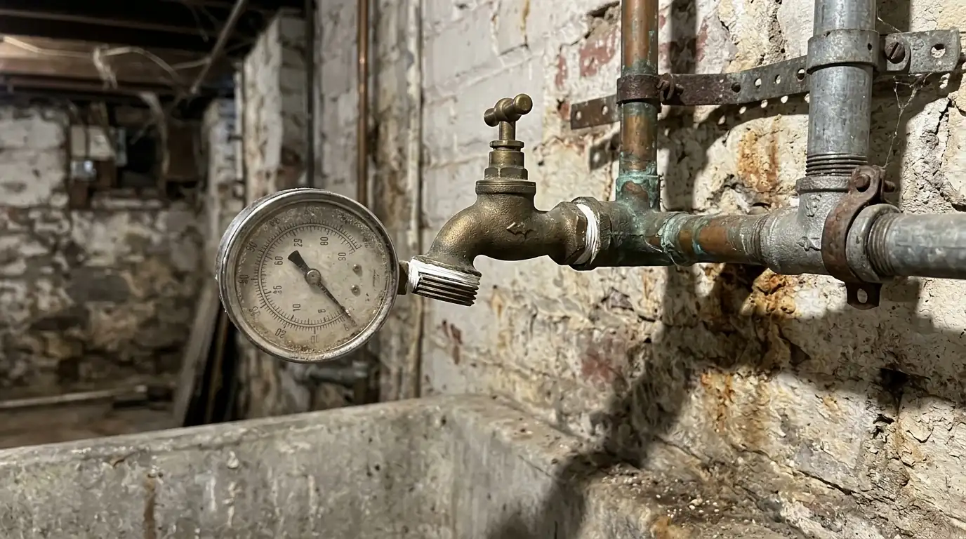 Pressure gauge on a basement laundry faucet in a Philadelphia home