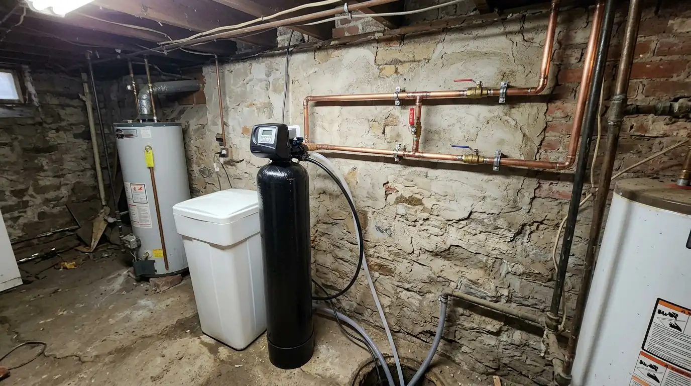 Water softener and brine tank installed in a Philadelphia basement