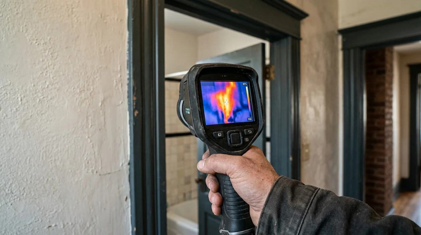 Thermal camera locating a hidden leak behind a wall in a Philadelphia home