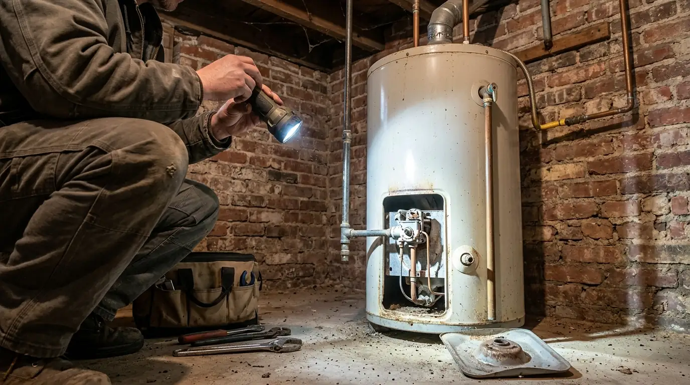 Plumber testing the pilot assembly on a basement gas water heater