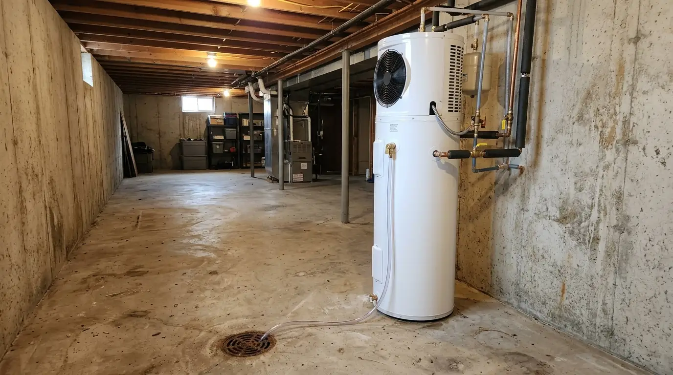 Heat pump water heater installed in a Philadelphia basement