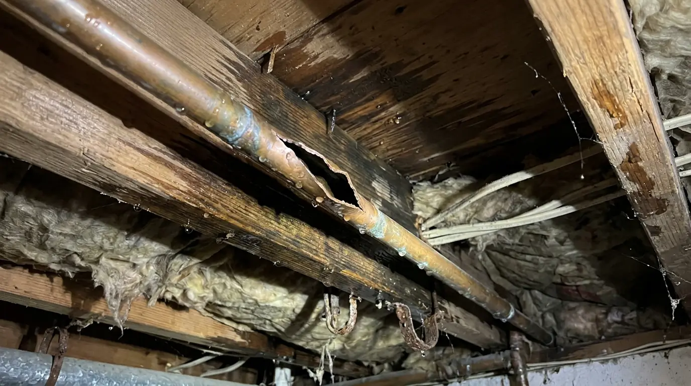 Freeze-split copper pipe exposed in a Philadelphia basement ceiling