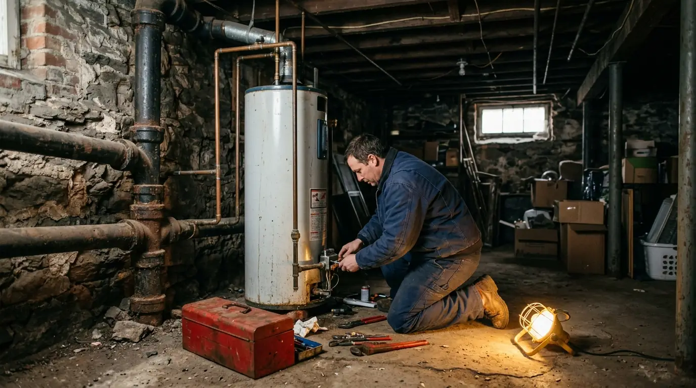 Plumber working on a gas water heater in a Philadelphia rowhome basement