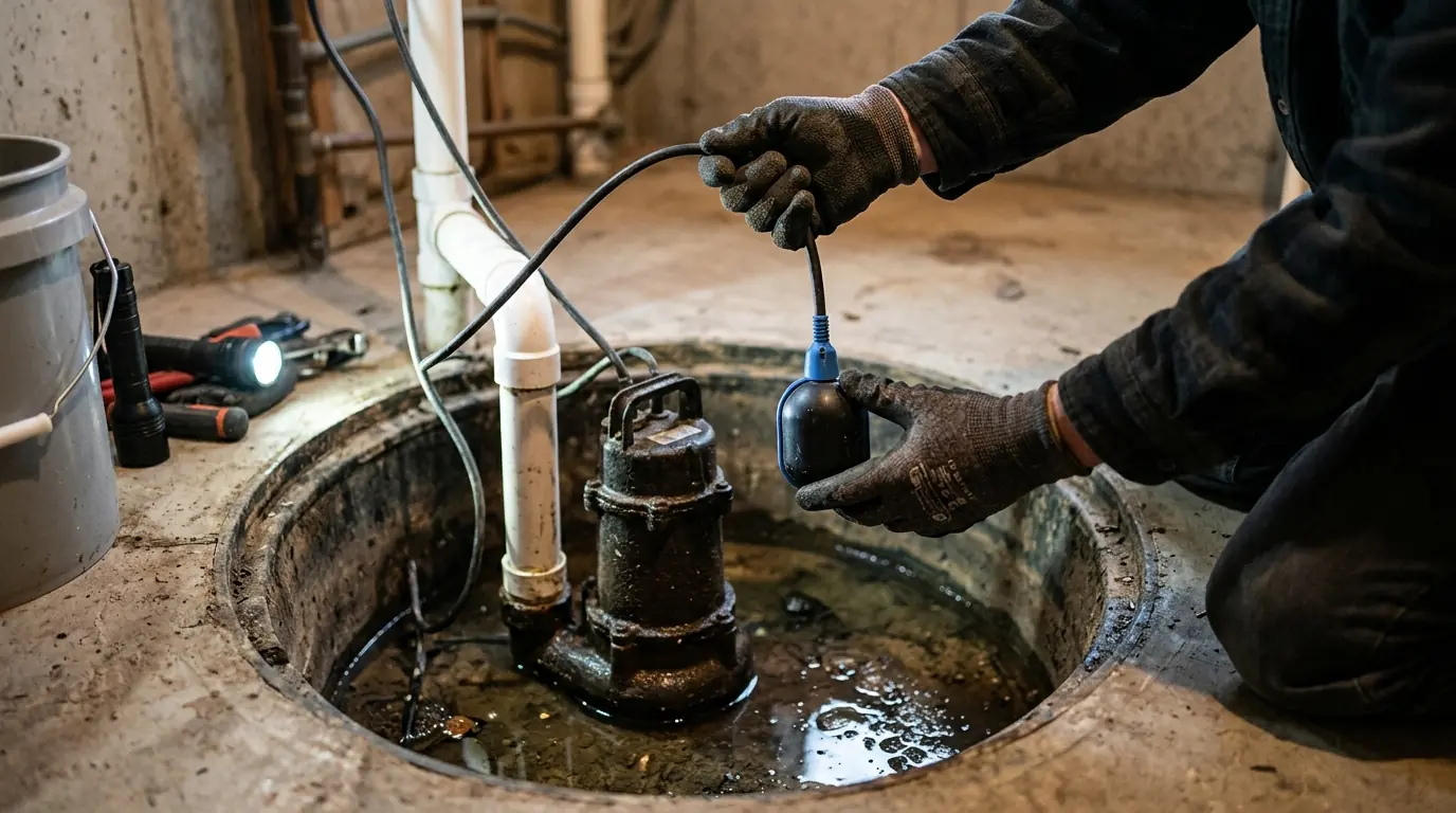 Plumber checking a stuck sump pump float switch in a Philadelphia basement
