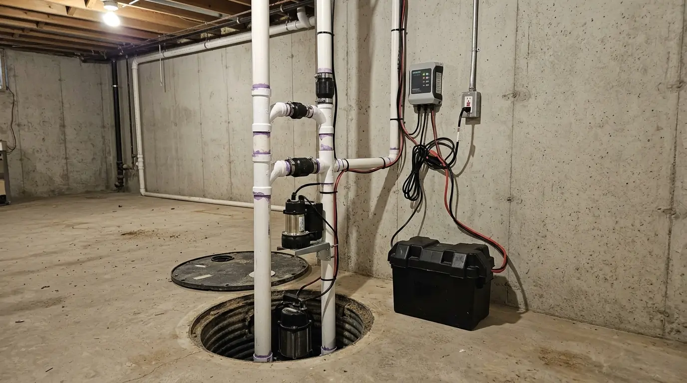 Battery backup sump pump installed beside the main pump in a Philadelphia basement