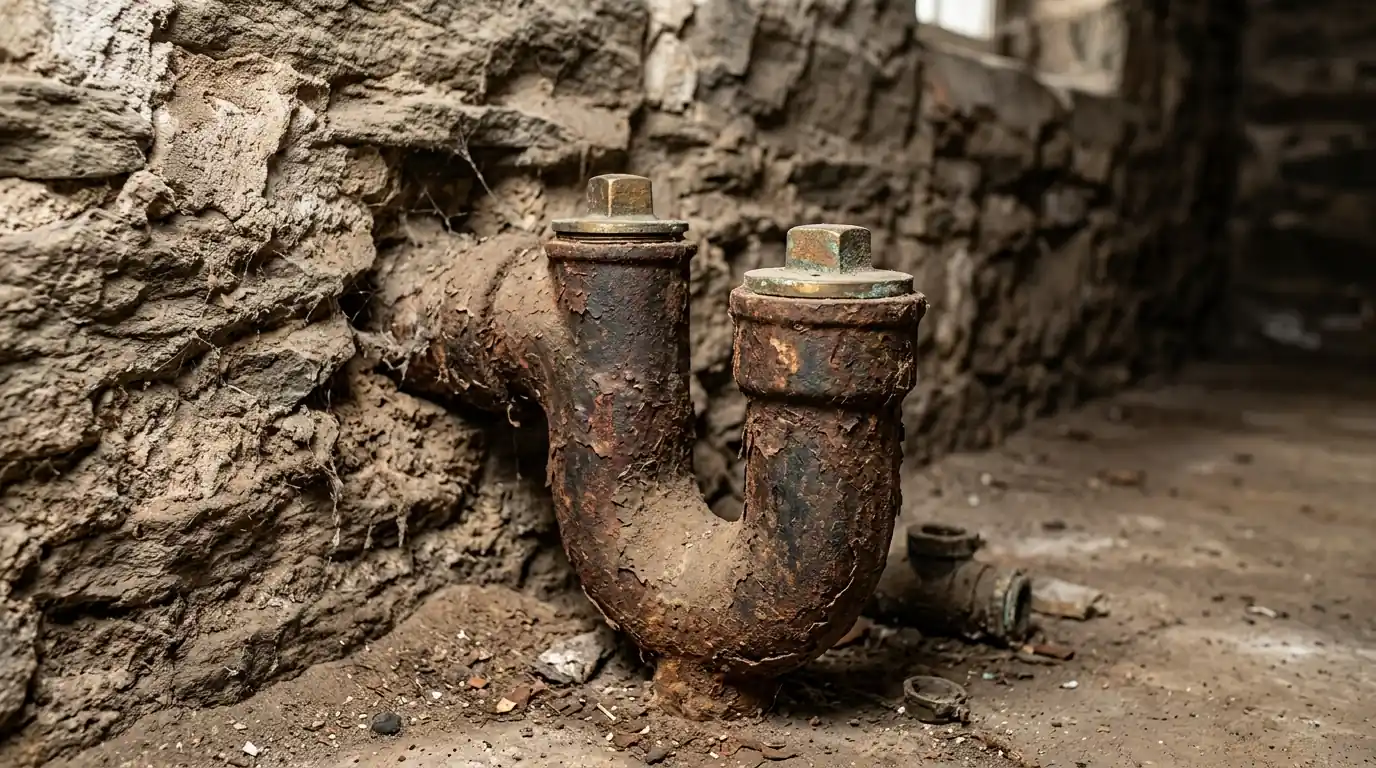 Cast iron house trap with two cleanout caps at a rowhome basement front wall