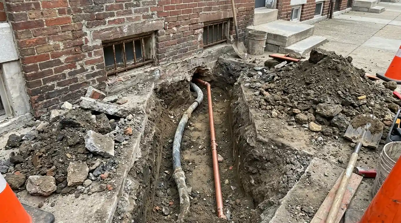New water service line entering a Philadelphia rowhome basement