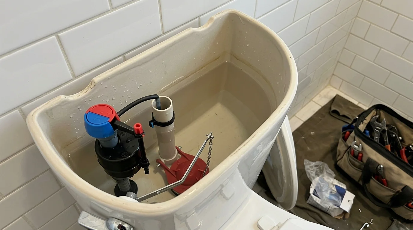 New flapper and fill valve inside a toilet tank in a Philadelphia home