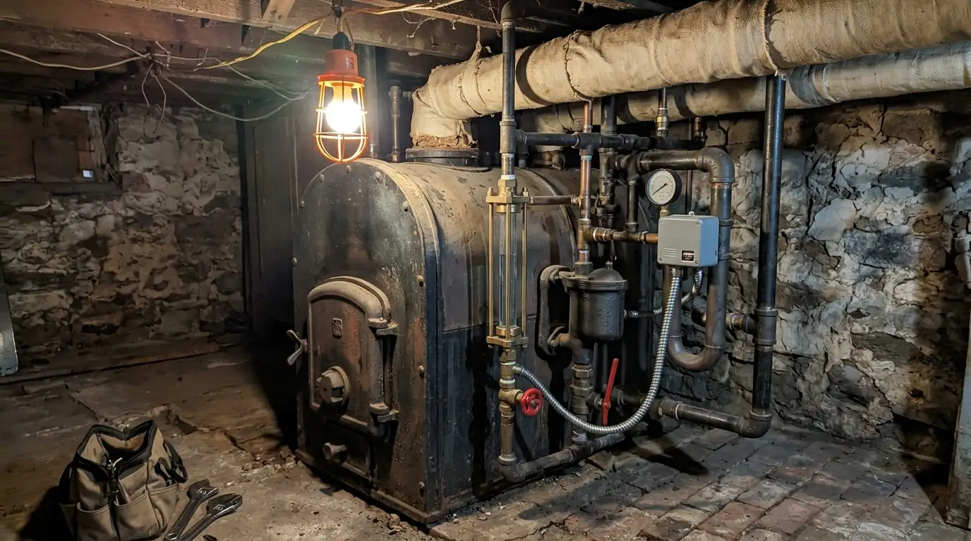 Steam boiler controls being checked in a Philadelphia basement