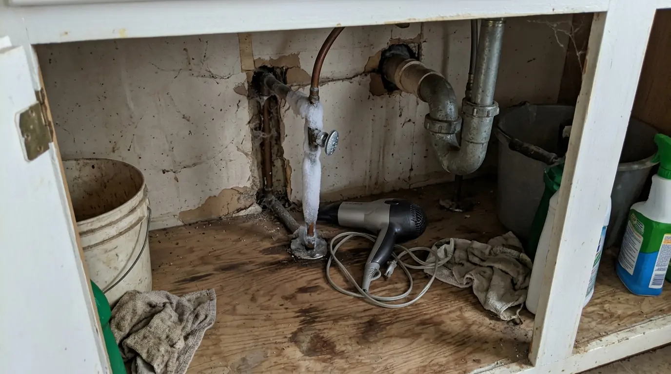 Frozen copper pipe under a sink in a Philadelphia back addition
