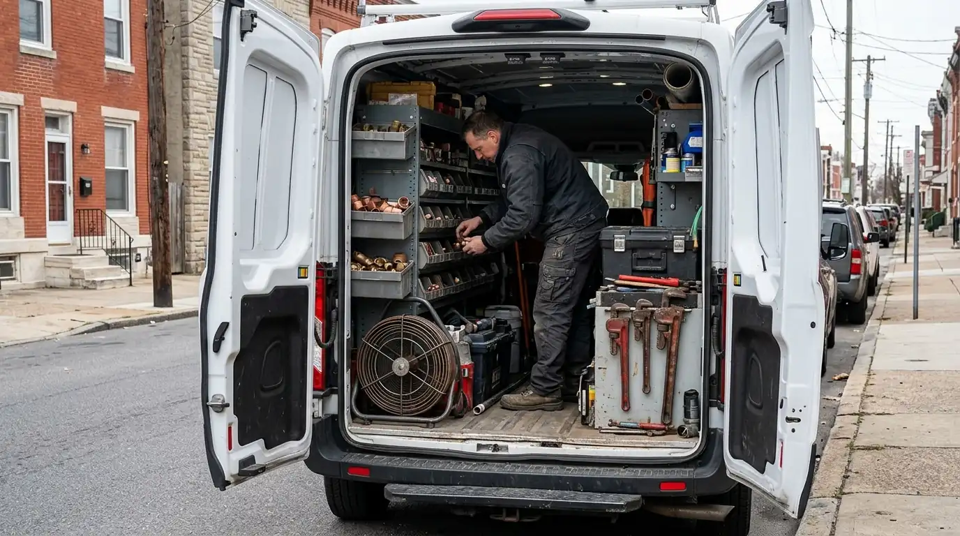 Plumbing tools and parts in a service van