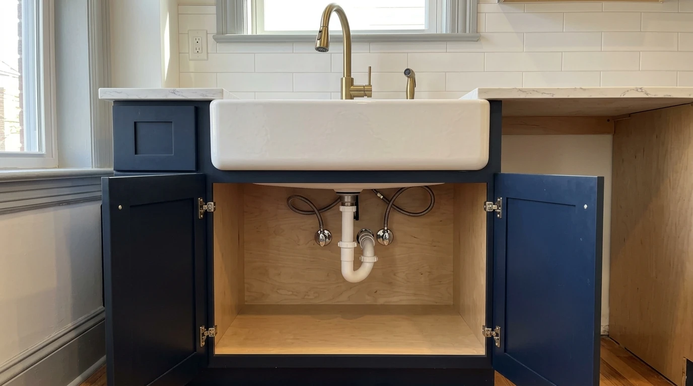 New farmhouse sink and trap installed in a Philadelphia kitchen
