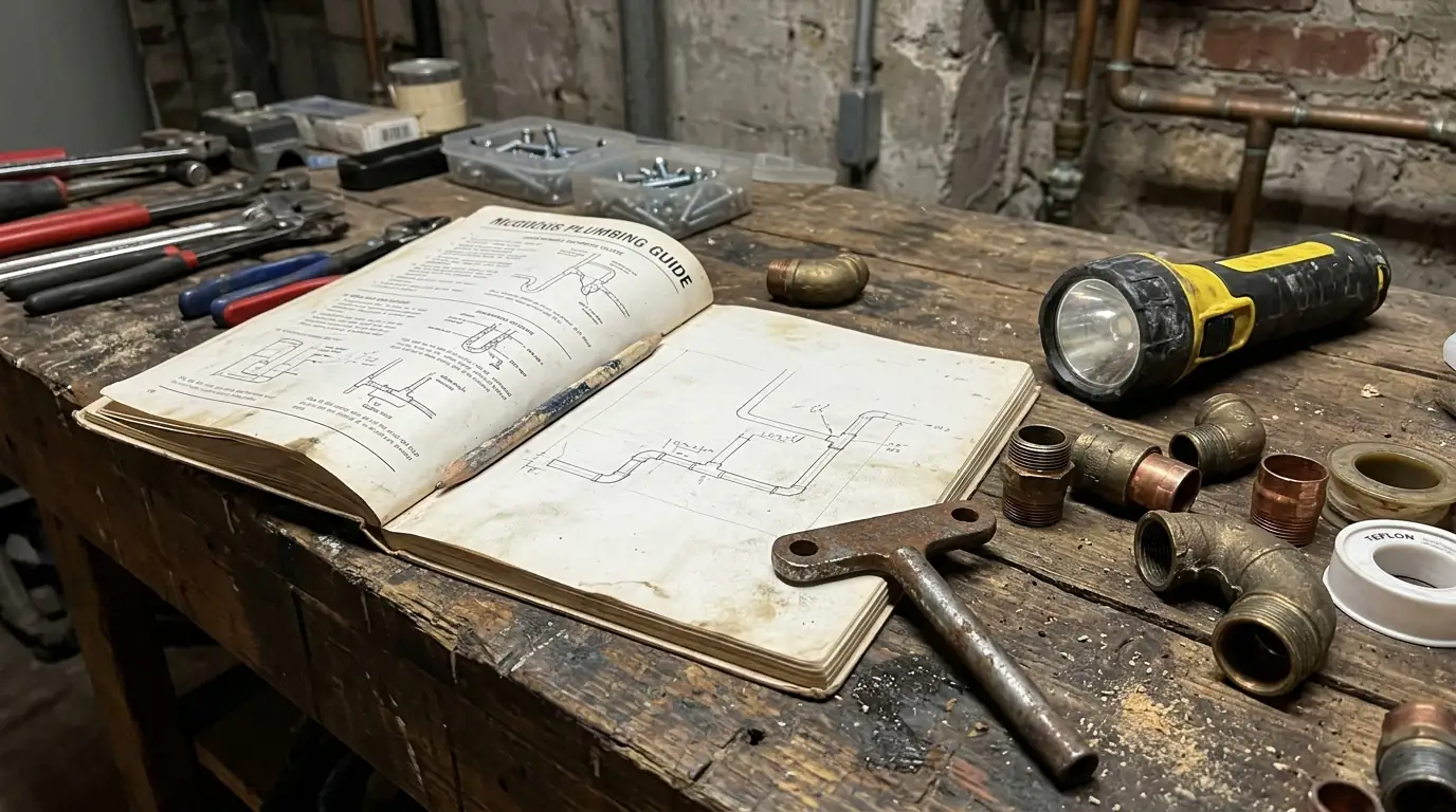 Notebook and plumbing tools on a workbench