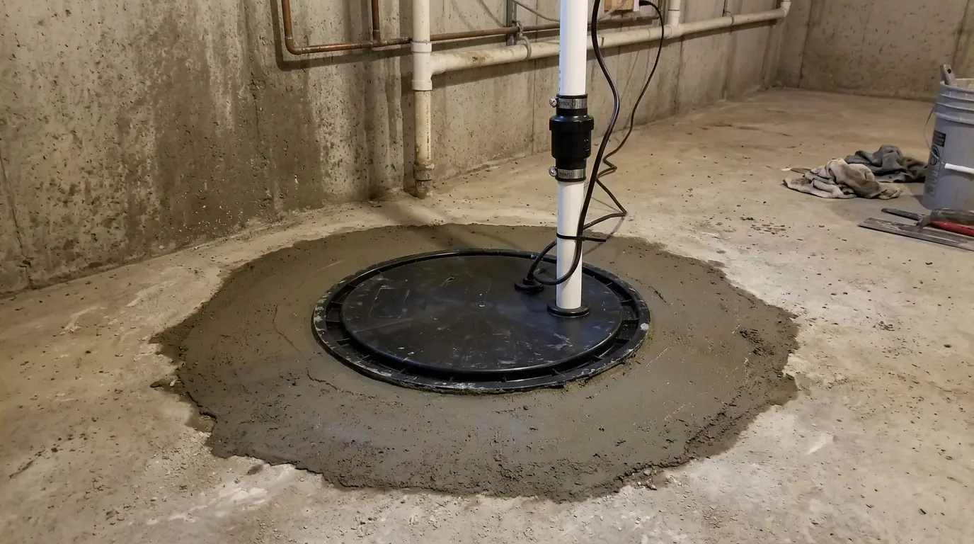 New sump pump and discharge line installed in a Philadelphia basement floor