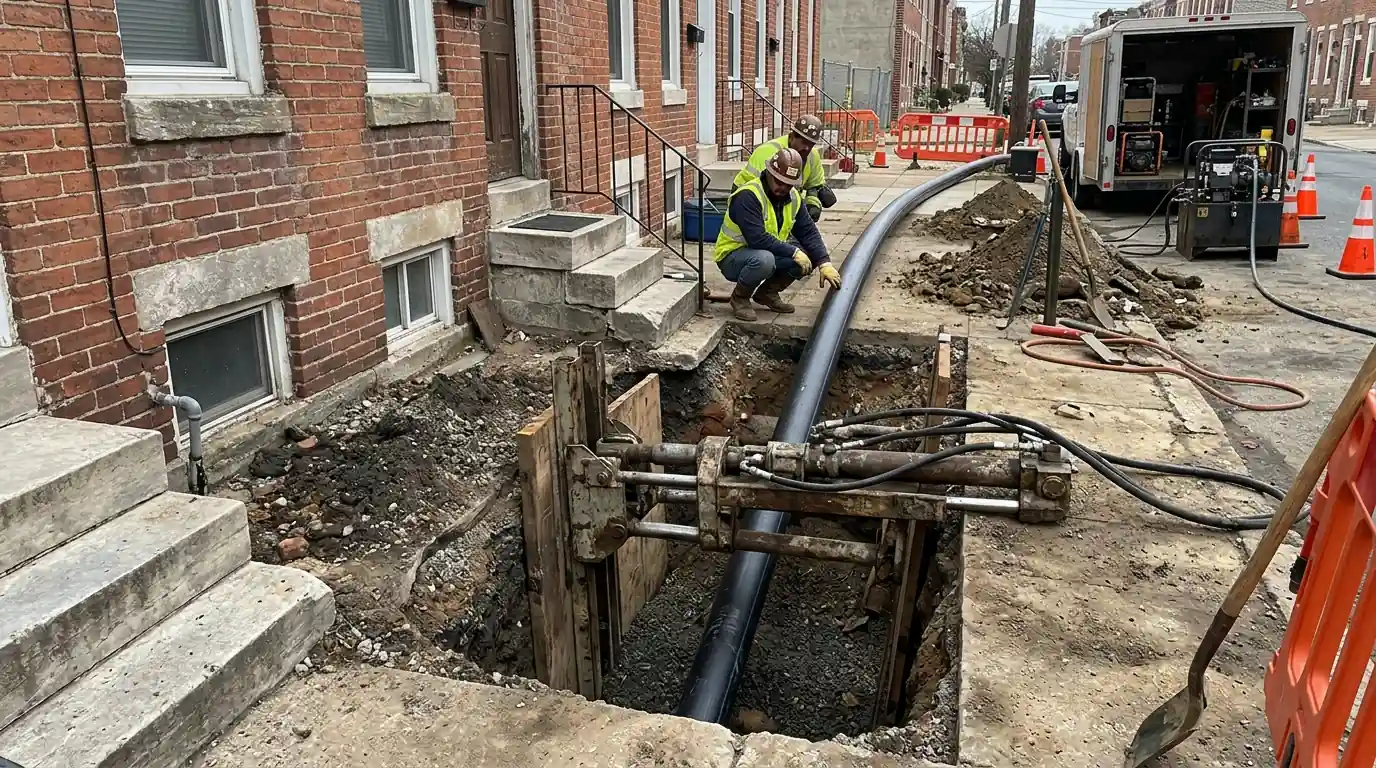 Trenchless sewer line replacement at a Philadelphia rowhome