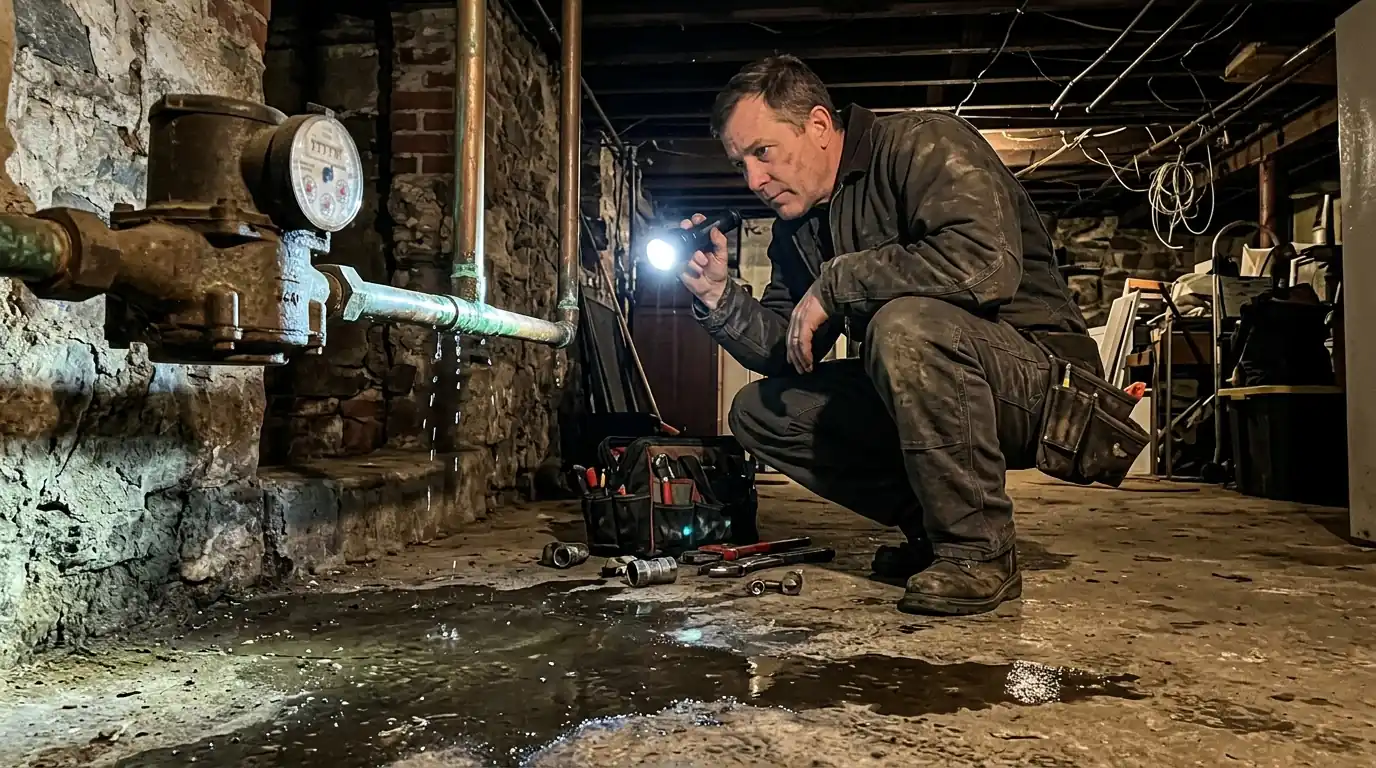 Plumber tracing a nighttime leak near the water meter in a Philadelphia basement