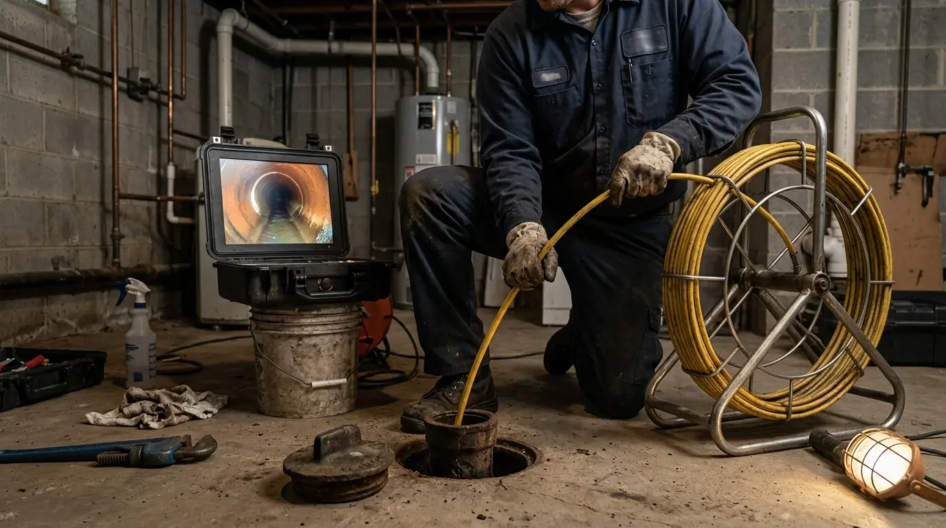 Sewer camera inspection in a Philadelphia basement