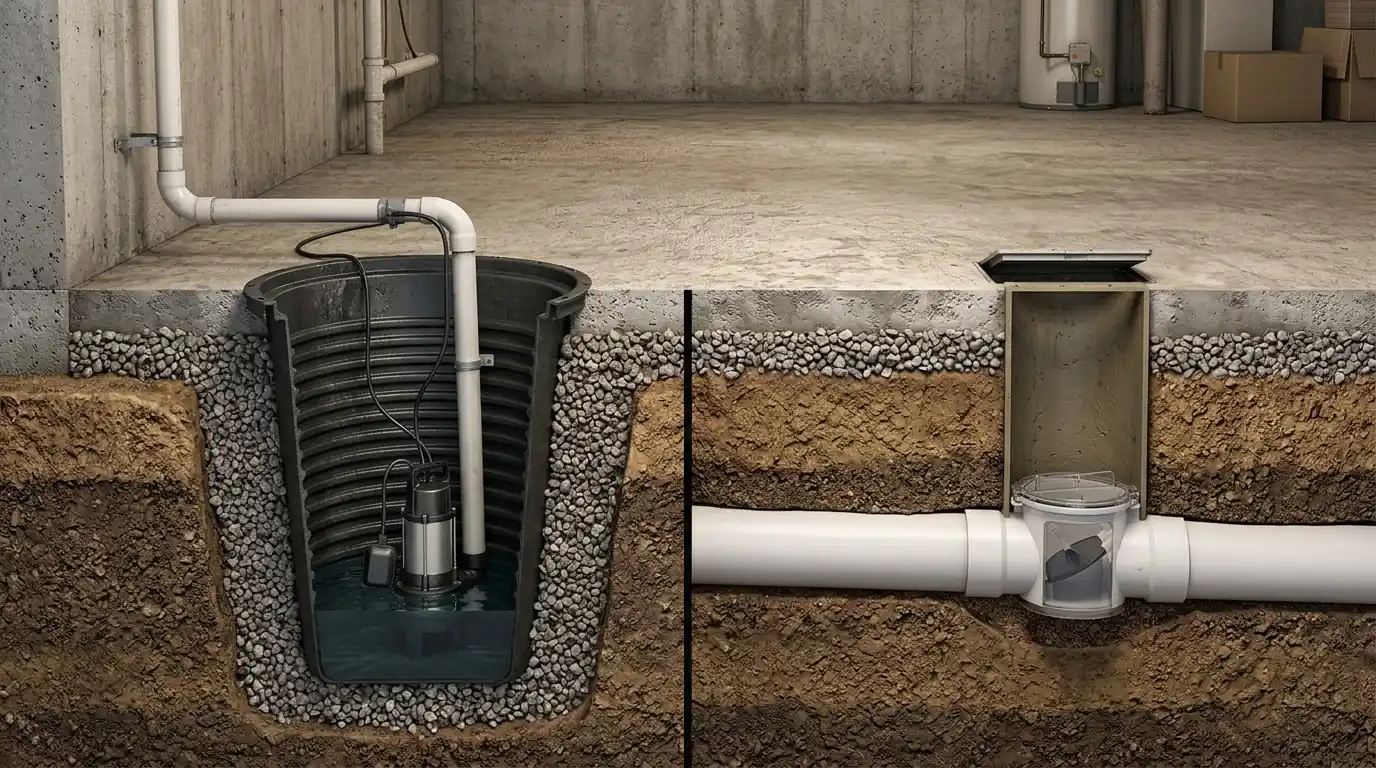 Sump pit with pump beside a backwater valve on a basement main drain